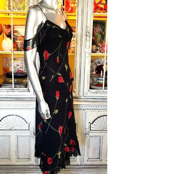 Vintage Betsey Johnson New York 90s Black Floral Red Rose Milkmaid Slip Dress S - Picture 12 of 15